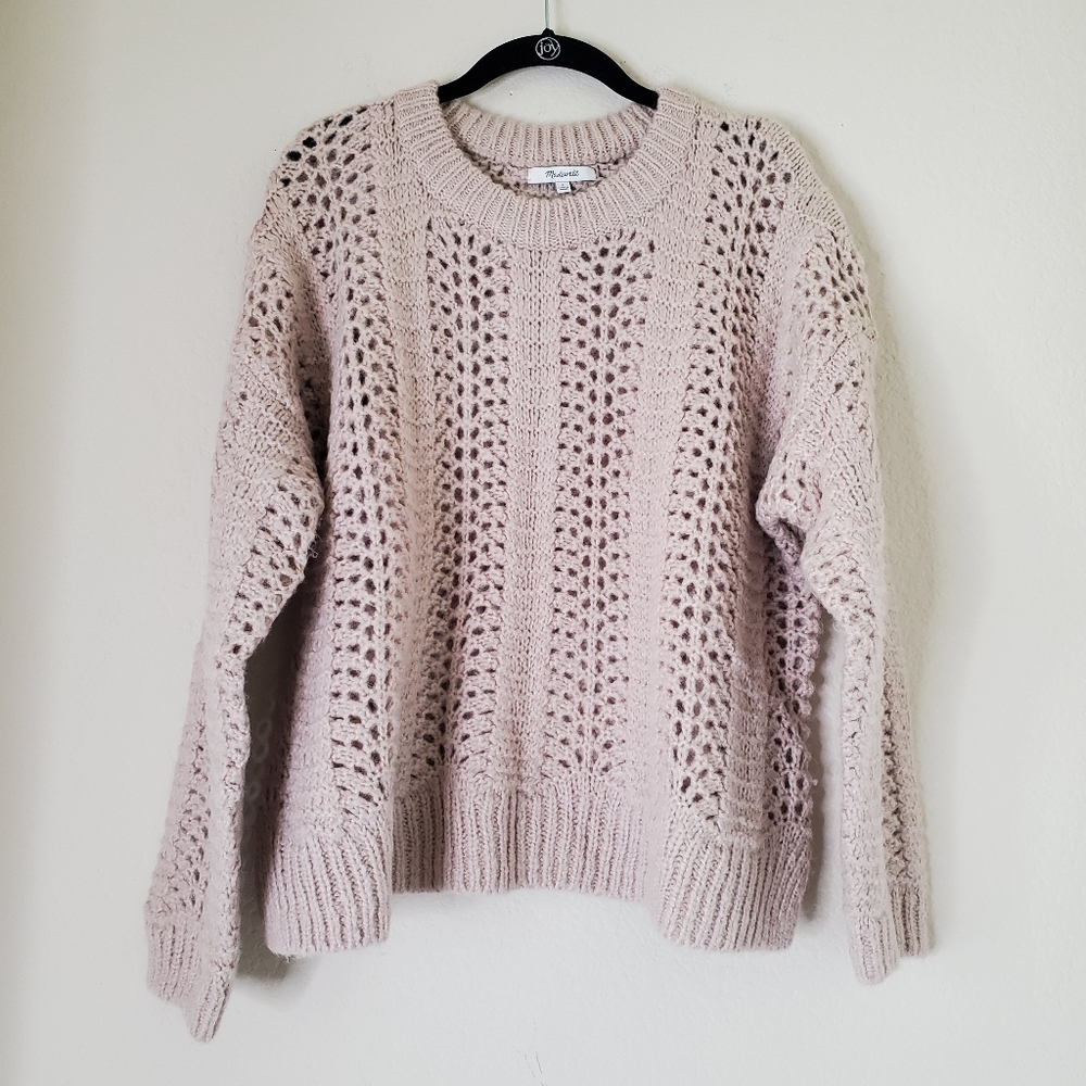 Madewell Womens Sweater Windemere Pointelle Sz L Tan Alpaca Wool Open Knit Boxy